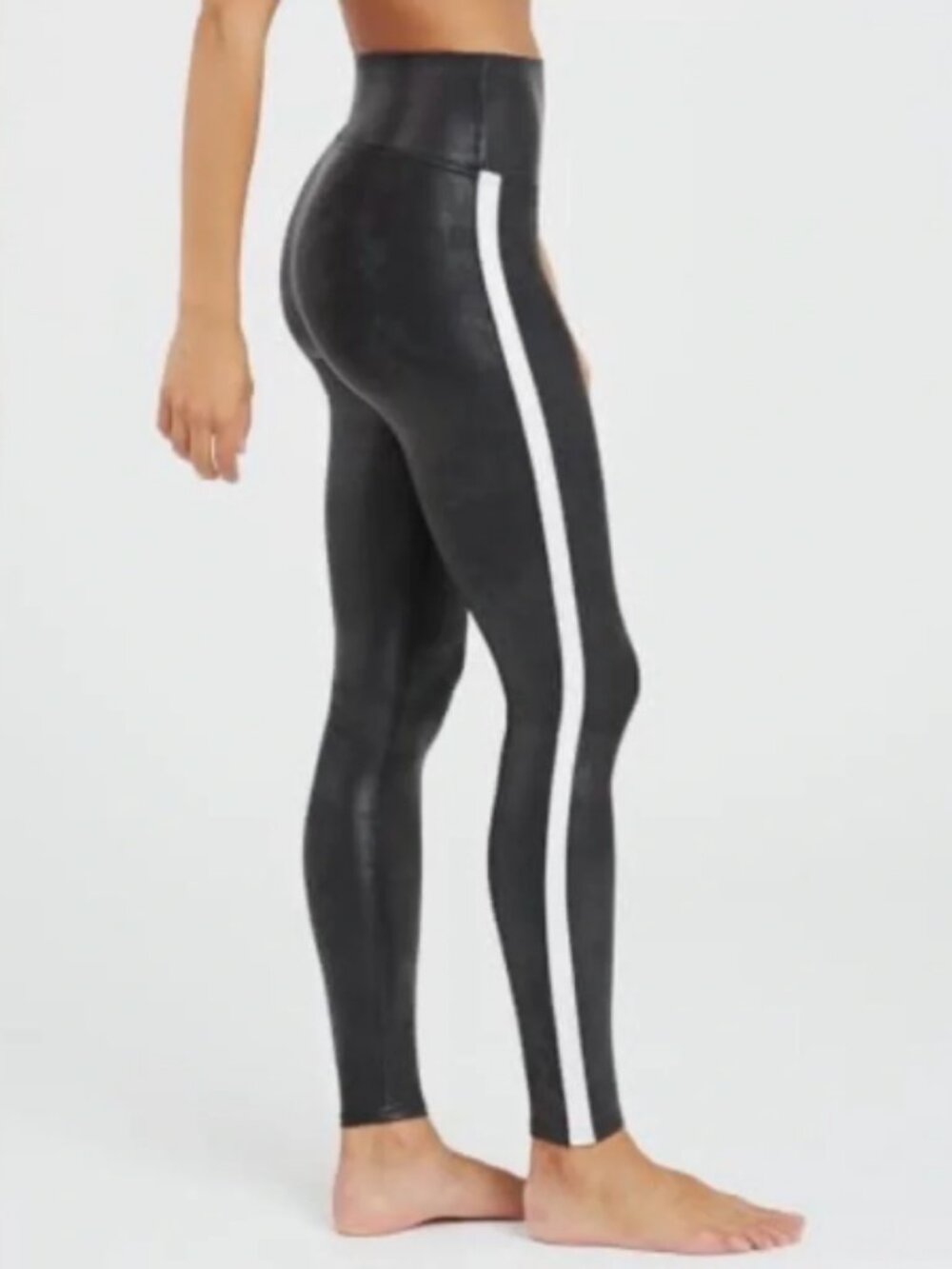 SPANX Faux Leather Tuxedo White Stripe Black High-Rise Leggings M Shapewear